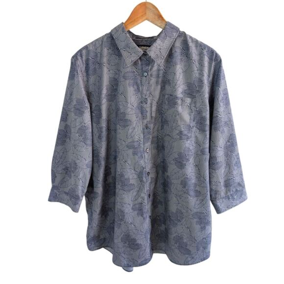 Lands End Leaf Print No Iron Button-Up Shirt 3/4 Sleeve Blue 18P - Picture 1 of 10